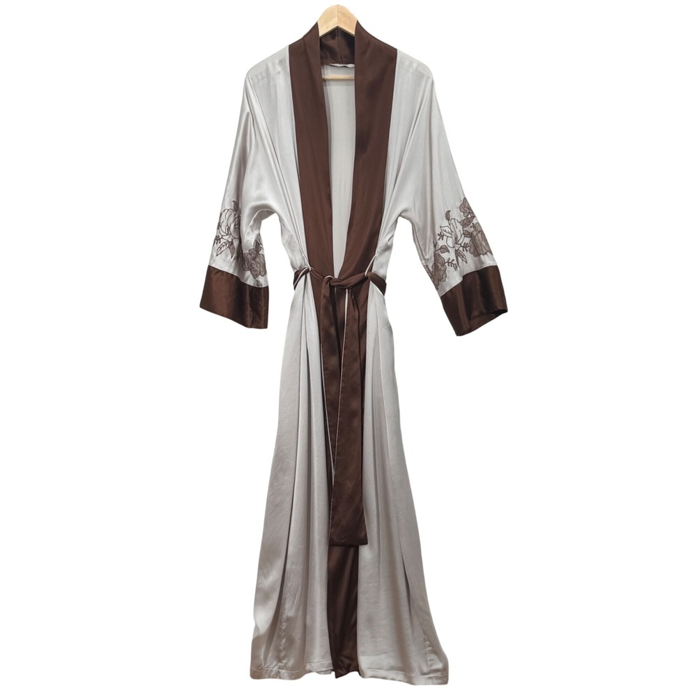 Frette Womens Silk Floral Embroidered Long Robe SM Cream Brown Italian Luxury - Picture 1 of 8